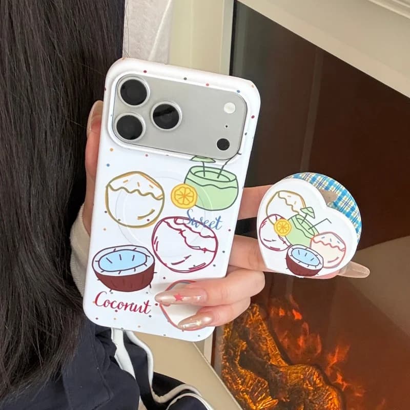 Summer Cute Coconut Graffiti Painting Magnetic Phone Case For iPhone 16 Pro 17 Pro Max 15 Pro Back Cover with Holder For Magsafe