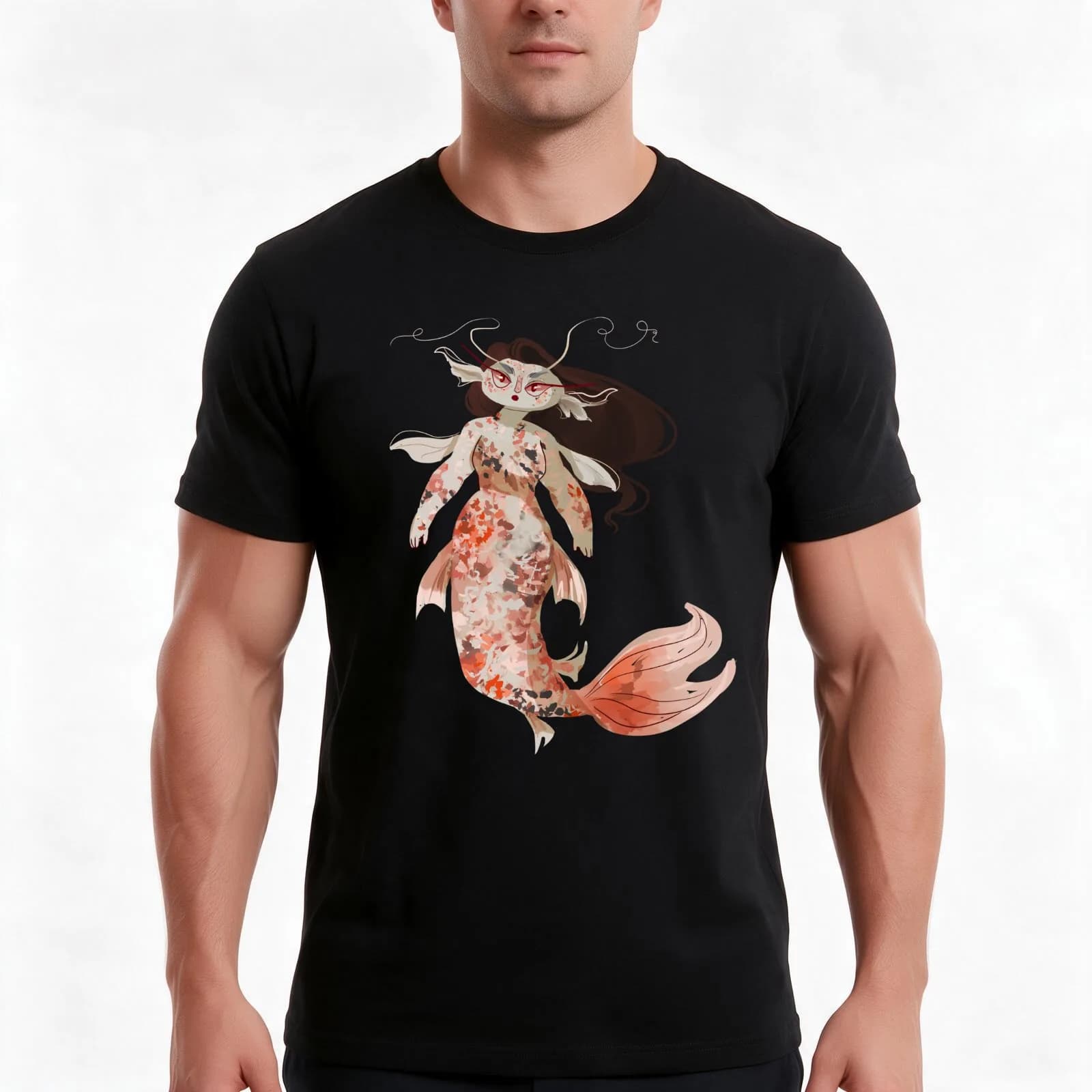Koi Pond Mermaid T-Shirt, Summer Casual Cotton Tee, Oversized Streetwear Tops, Vintage Graphic Print, Loose Fit Short Sleeve