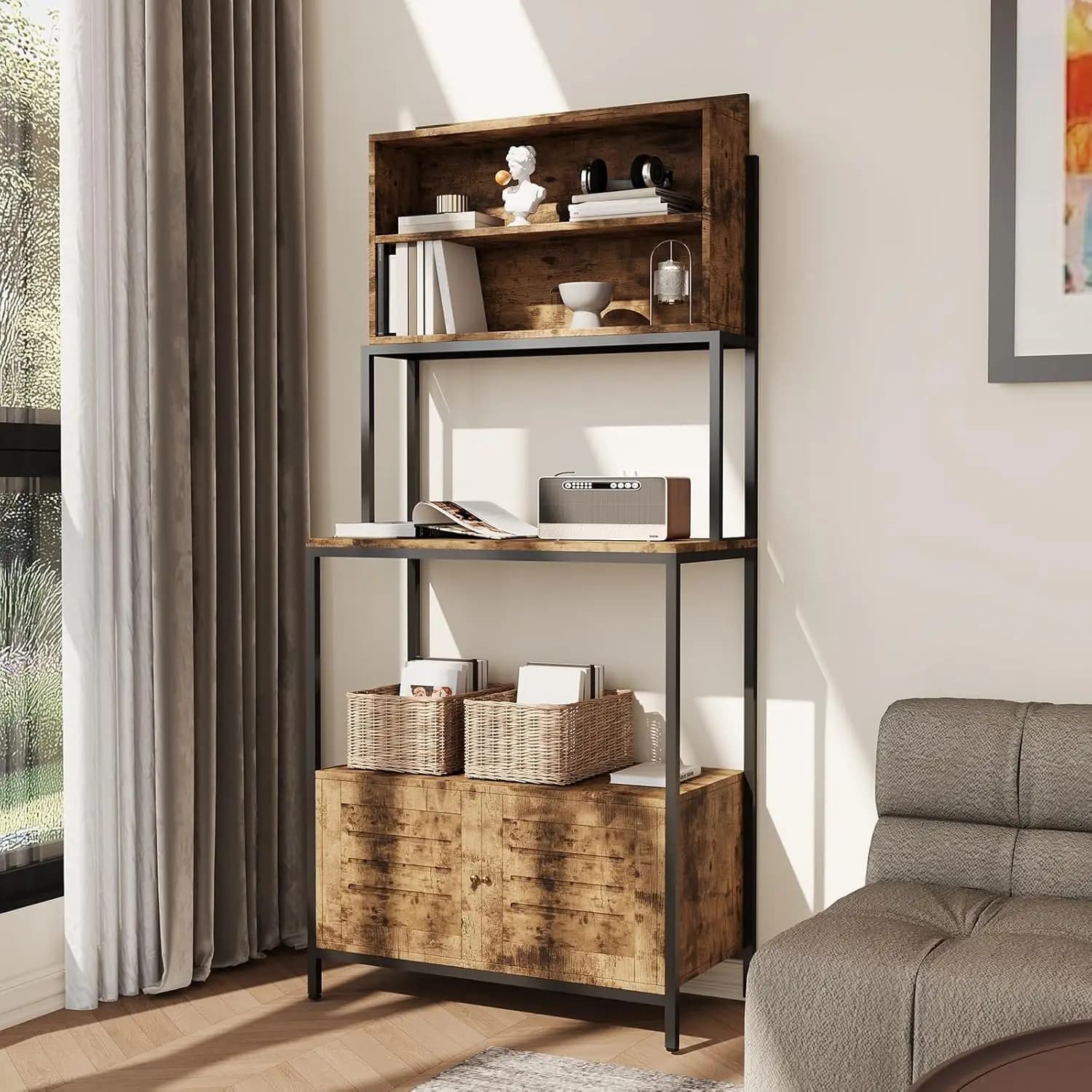 Kitchen Bakers Rack with Outlets & USB | Microwave Stand & Coffee Bar Cabinet with 2 Shelves & 2 Louvered Door, Customized