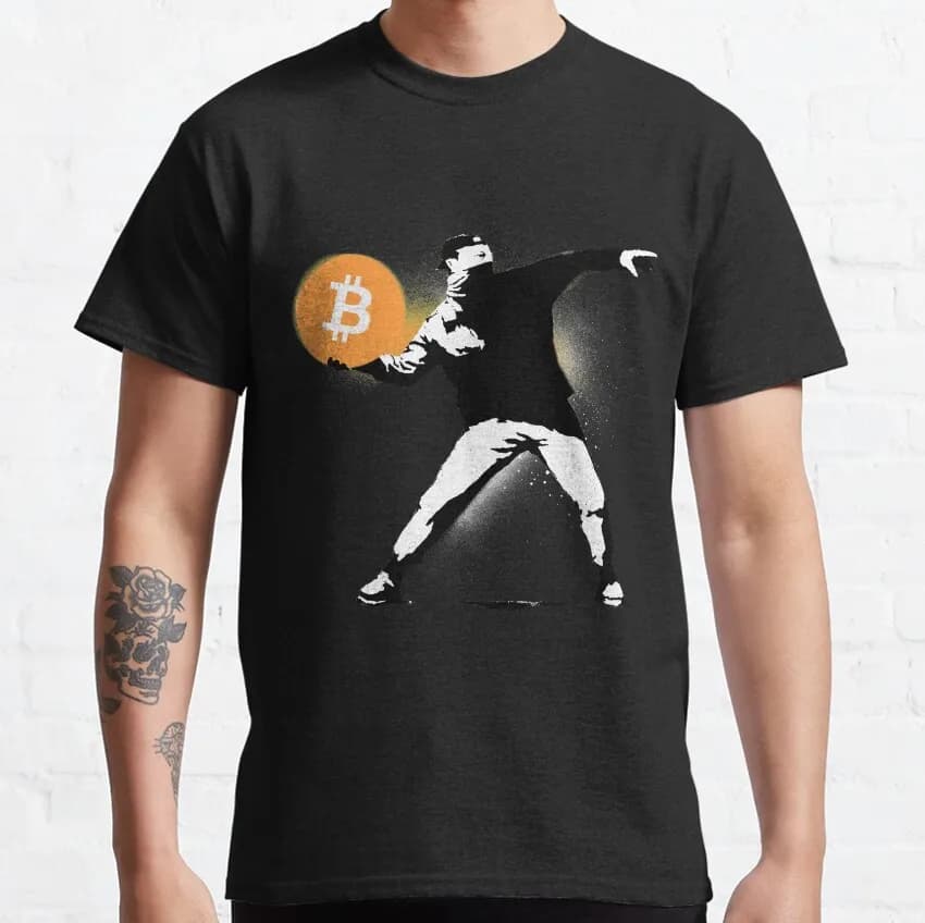 Bitcoin Banksy Crypto style Gift t shirt for Crypto Traders BTC Fan 100% cotton Bitcoin Symbol print Graphic Tee All size tops