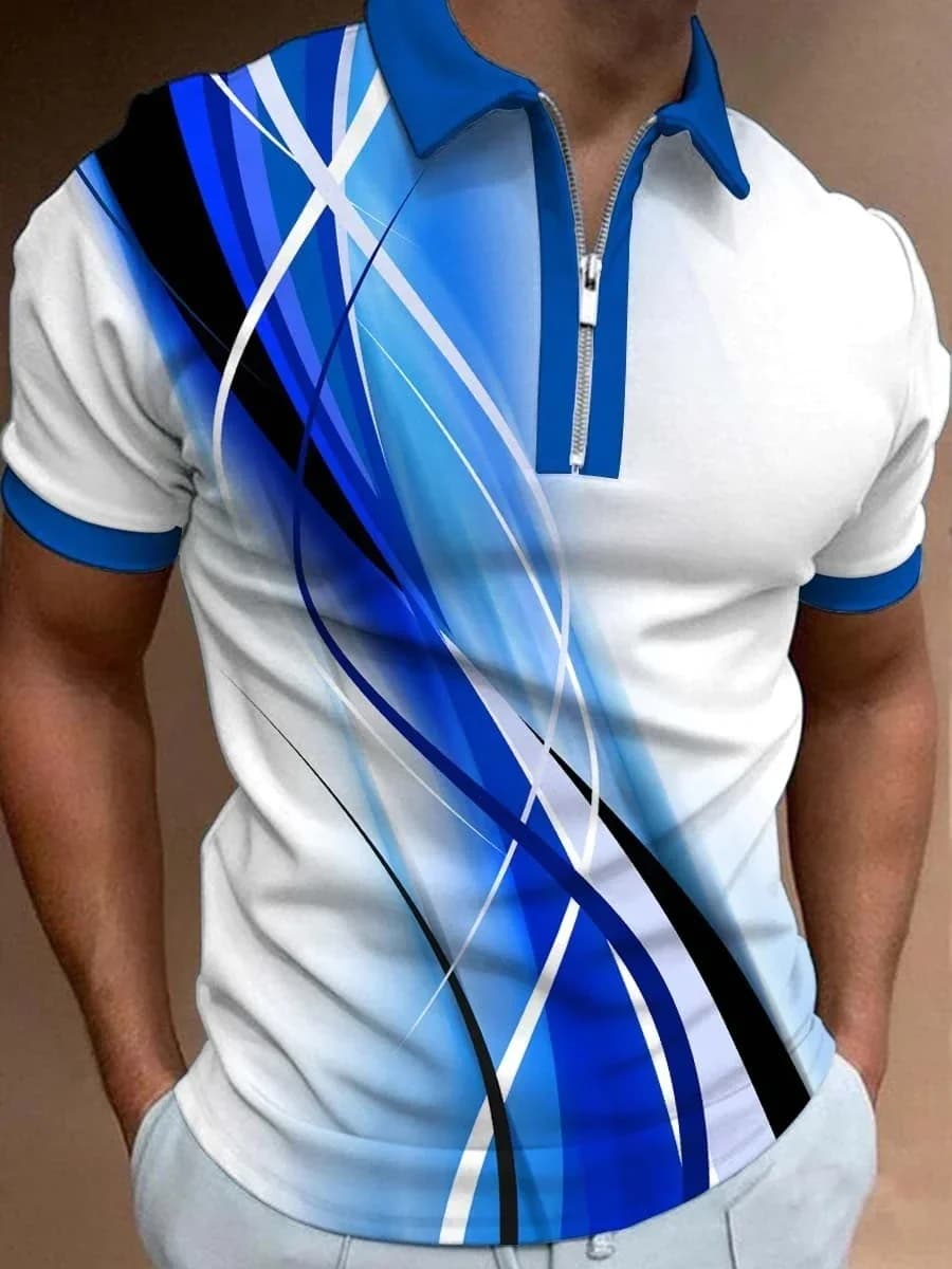 Men's Casual Printed Short-Sleeved Polo Shirt 3D Printed Zip Up Polo Shirt Collar Regular Fit Polo Shirt