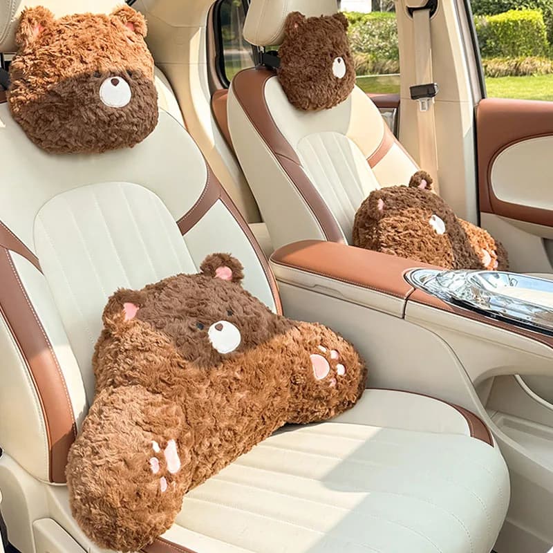 Creative Cartoon Cute Animal Little Bear Cat Car Headrest Soft Plush Car Seat Rest Neck Pillow For Most Models Car Waist Cushion