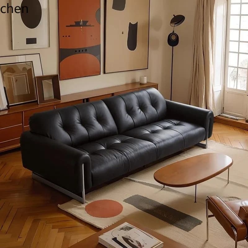 YFY  Italian Style Sofa for Living Room Small Apartment Retro Style Black Straight Three-Seater Duke Sofa with Iron Art