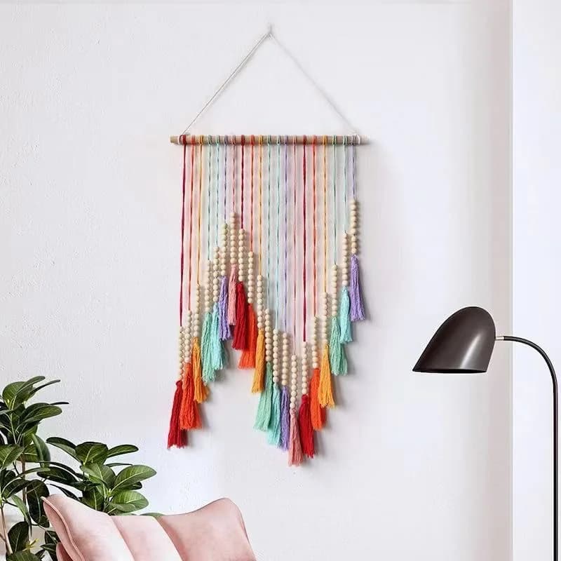 Handwoven Cotton Rope Wall Hanging with Color Tassels Natural Wood Beads Bohemian Room Decor