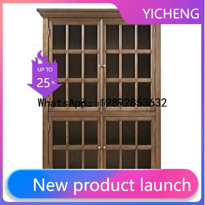 QQ American rural solid wood old bookcase living room retro display cabinet wine custom furniture
