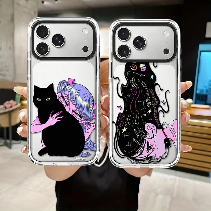Pink Girl Black Cat Anime Impact White Border Magnetic Cover for IPhone 13 14 15 16 17 Pro Max Case for IPhone 17Pro