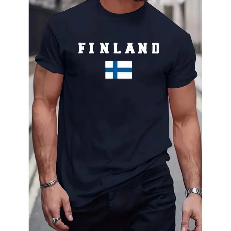 Finland National Flag Graphic Print Short Sleeve T-Shirt Men Oversized Cotton Casual Daily Streetwear Fashion Tee Top