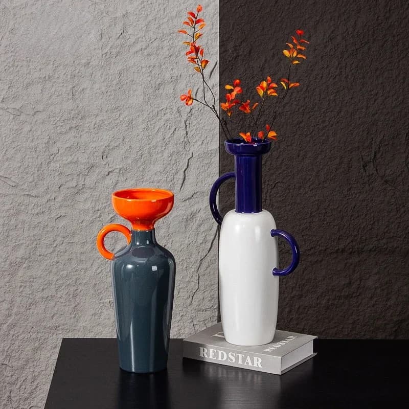Ceramic Vase Colored Geometric Semicircle Handle Flower Vase Ceramic Handicraft Arrange Flowers Home Decoration Accessories