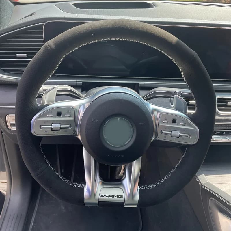 Car Steering Wheel Cover Hand-Stitched Anti-slip Black Suede Leather For Mercedes Benz AMG GT C190 R190 W177 2018 to 2021