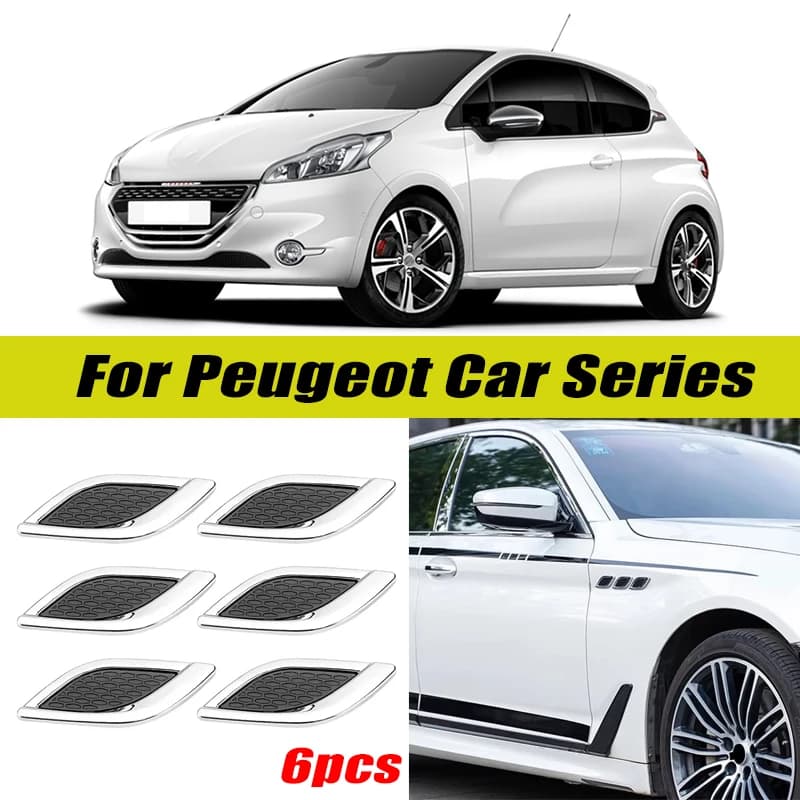 6Pcs Chrome / Black 3D Car Side Fender Air Vent Hood Scoop Outlet Cover Decorative Trim For Peugeot 206 207 208 301 307 308 408
