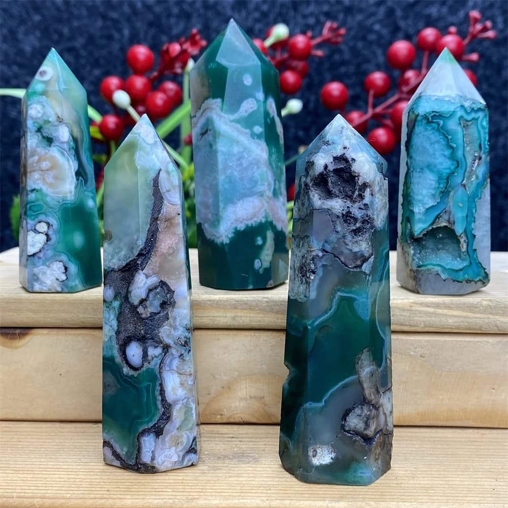 Natural Green Cherry Blossom Stone Agate Energy Crystal Tower Healing Aura Obelisk Garden Aquarium Home Decoration  Holiday Gift