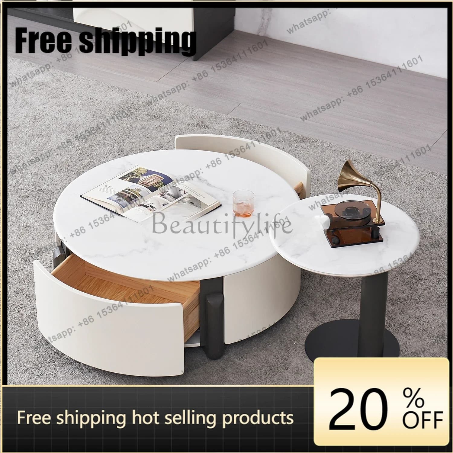 LD Cream Wind Minimalist Round Coffee Table Living Room Super Crystal Stone Design Sense Coffee Table Light Luxury Modern