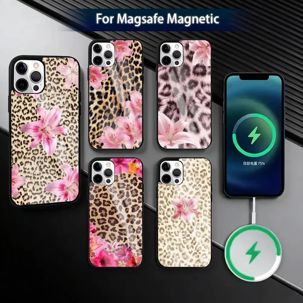 Leopard Print Elegant Lily Flower  Phone Case For iPhone17,16,15,14,13,12,11 Plus,Pro Magnetic with Magsafe Wireless Charging