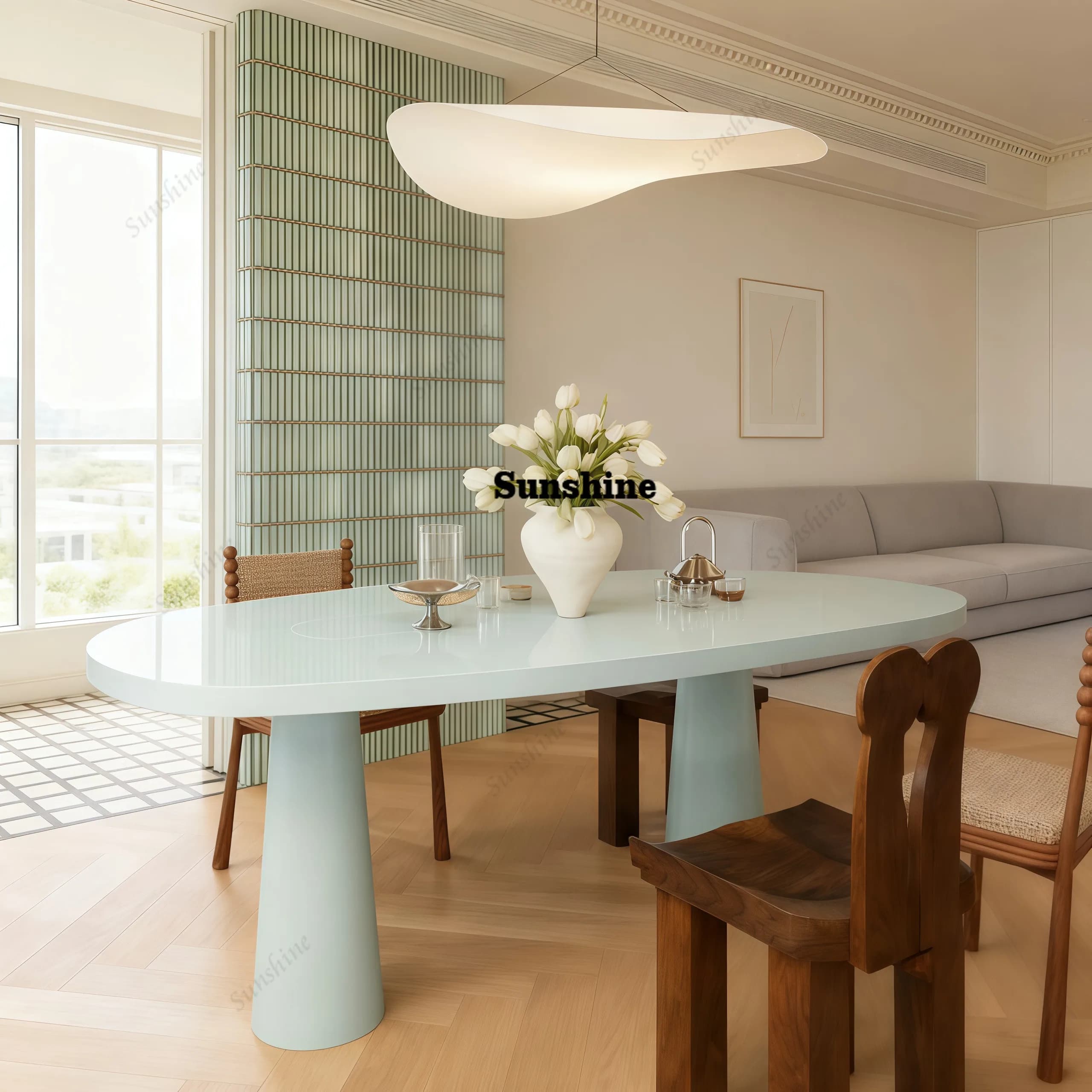 Solid wood lacquered oval dining table, simple dining table for home living room, minimalist computer desk