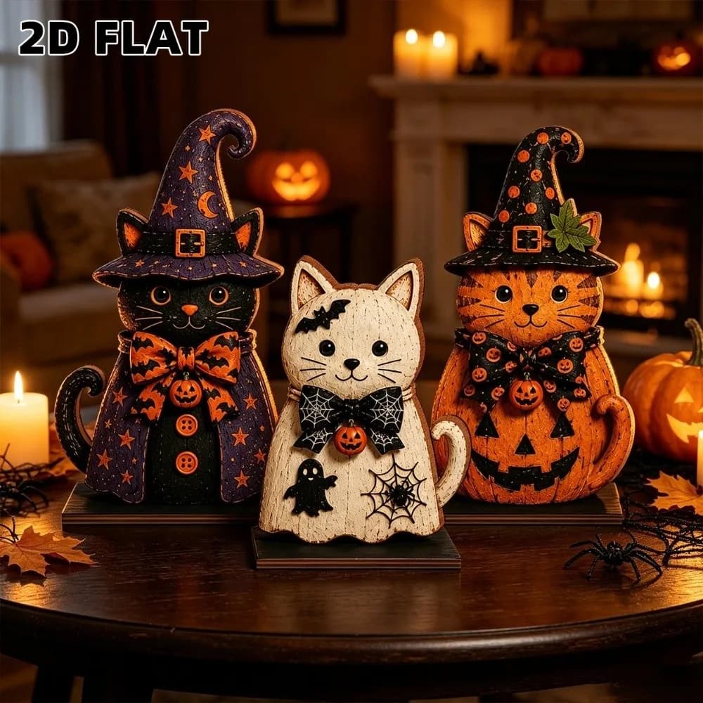 3pcs Pumpkin Witch Cat Ornament Ghost 2D Flat Print Halloween Figurine Rustic-style Dark Gothic Wooden Decorative Figurines