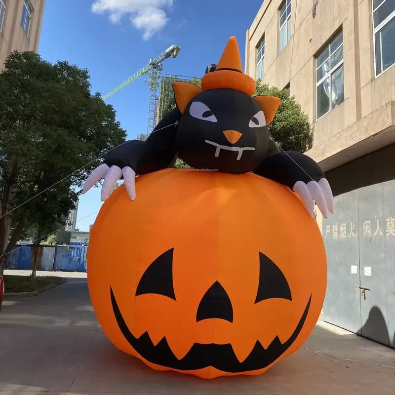for Giant Premium Halloween Inflatable Pink Pumpkin Black Cat Decorations With Blower Outdoor Blow Up Pumpkins Yard Decor