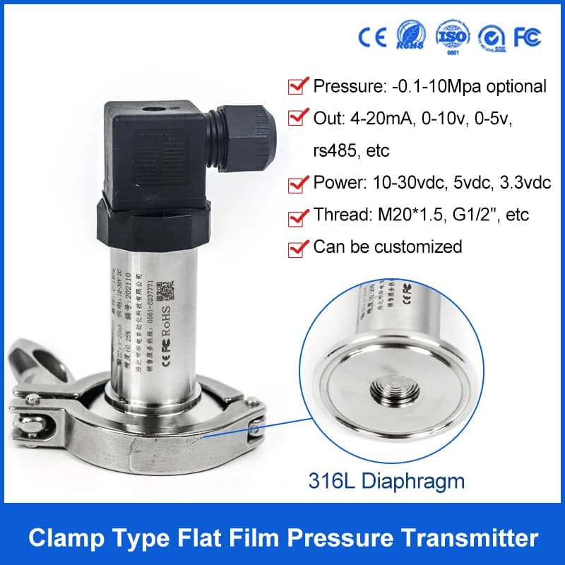 4-20mA Industrial Flat Membrane 0-5 Bar Digital Pressure Sensor Transmitter For Drinking Water