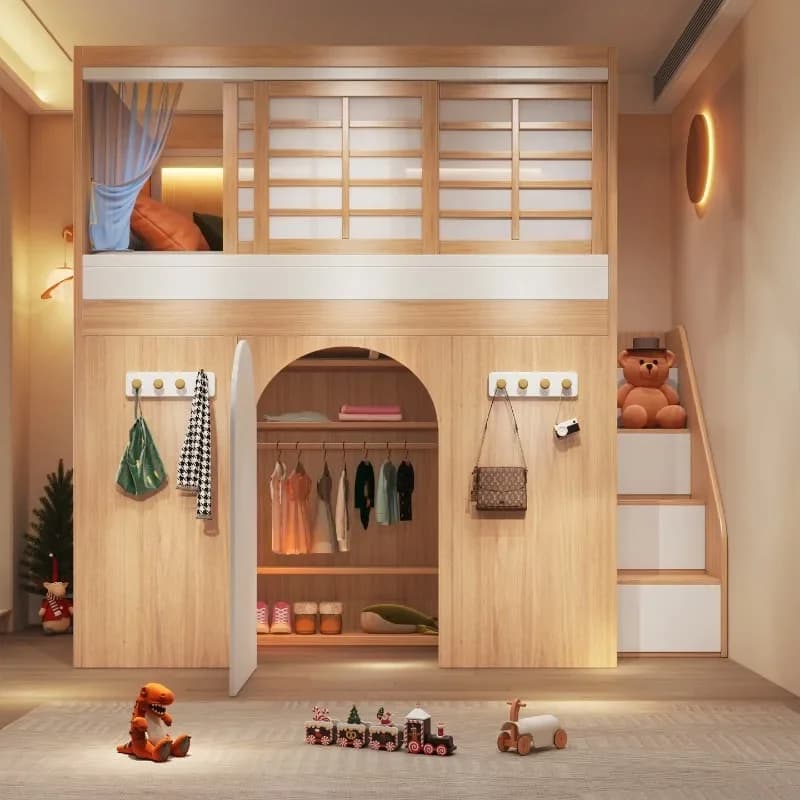 Bunk bed duplex second floor tree house castle, bed under closet cloakroom bed