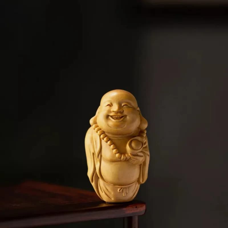 2.67" Boxwood Maitreya Sculpture Wood Carving Laughing Buddha Statue Home Decor