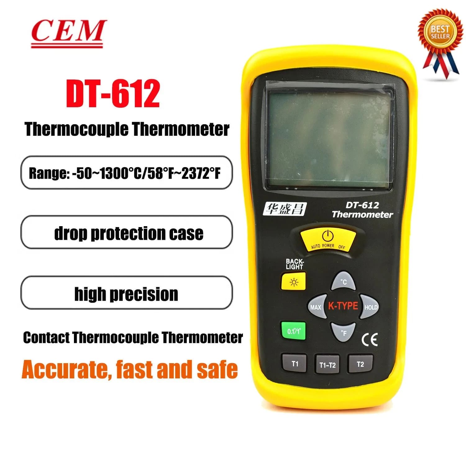 CEM DT-612 Thermocouple Tem Range -50~1300 ℃ Thermometer Electronic Thermometer with Probe