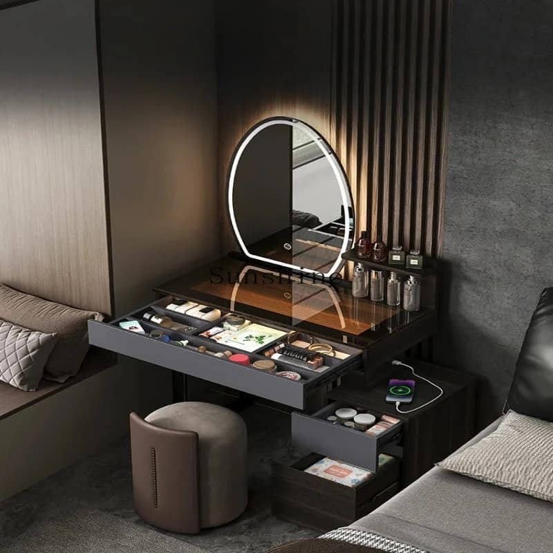 Italian style, dresser with rechargeable makeup table, small apartment, bedroom, bedside table integrated