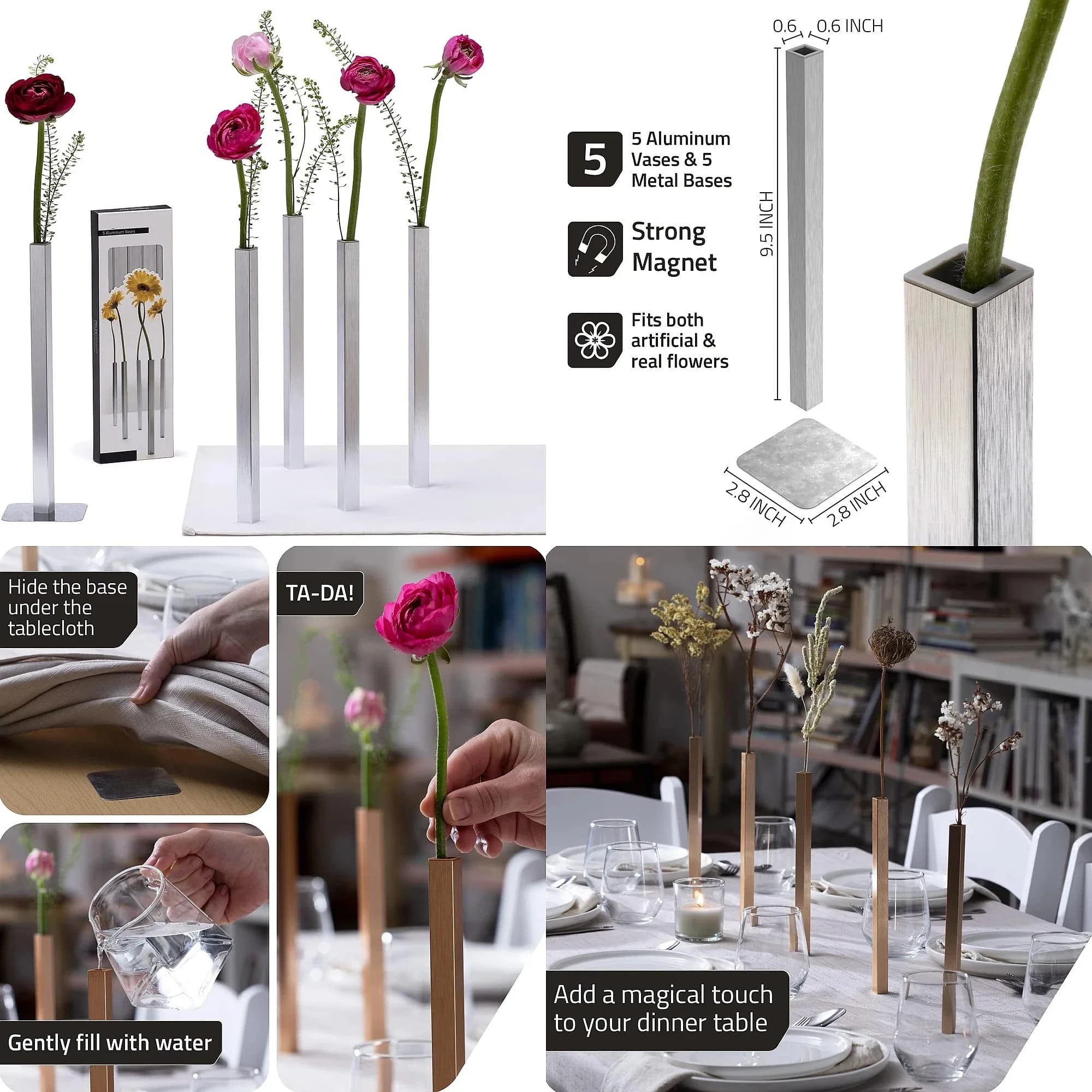 Magnetic Bud Vase Set Unique Home Decor Gift & Modern Table Centerpiece Aluminum Single Stem Vases Tall Gravity Defying Decor