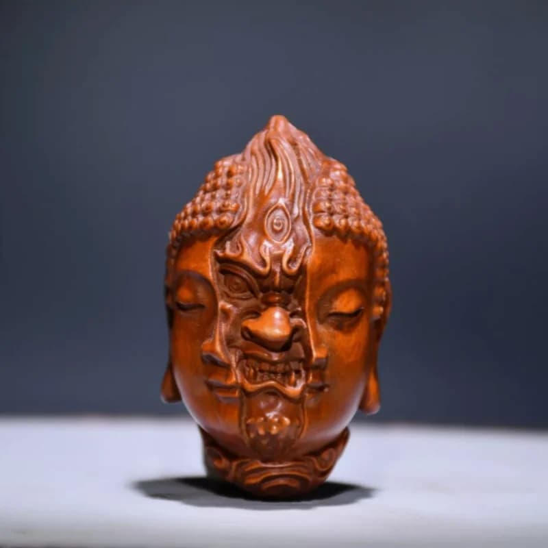 2.2" Chinese Box-wood Hand Engraving Buddhism Buddha Devil Head Statue