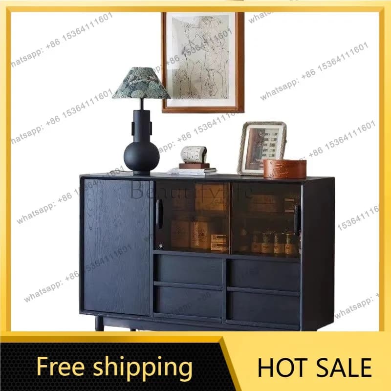 FG Nordic black solid wood side cabinet modern simple log locker