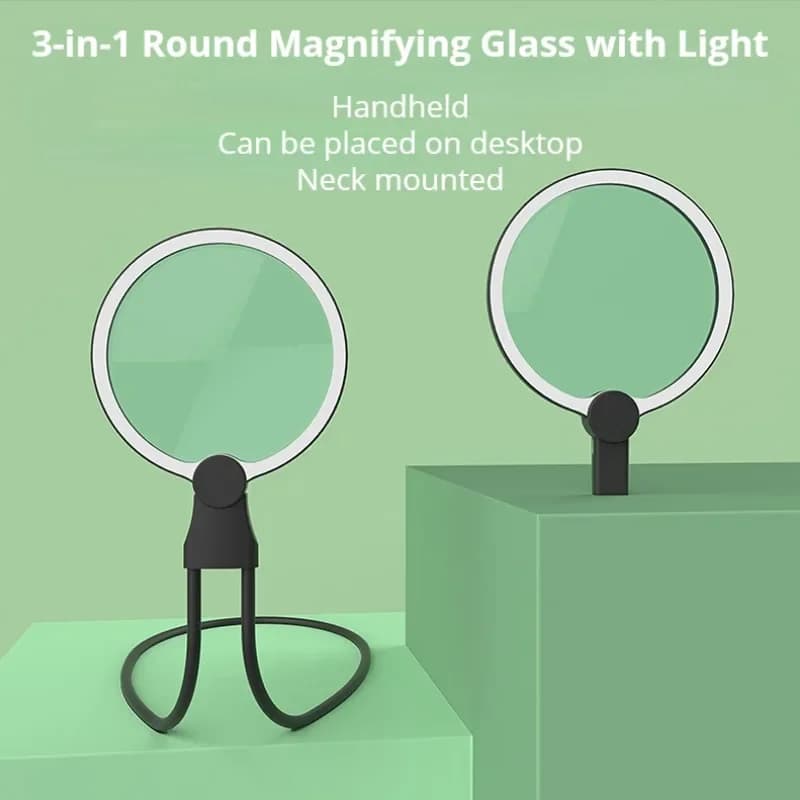 3in1 Round Magnifying Glass with LED Lights Reading Neck Wear Magnifier Flexible Gooseneck Full Book Page Helping Hands Loupe
