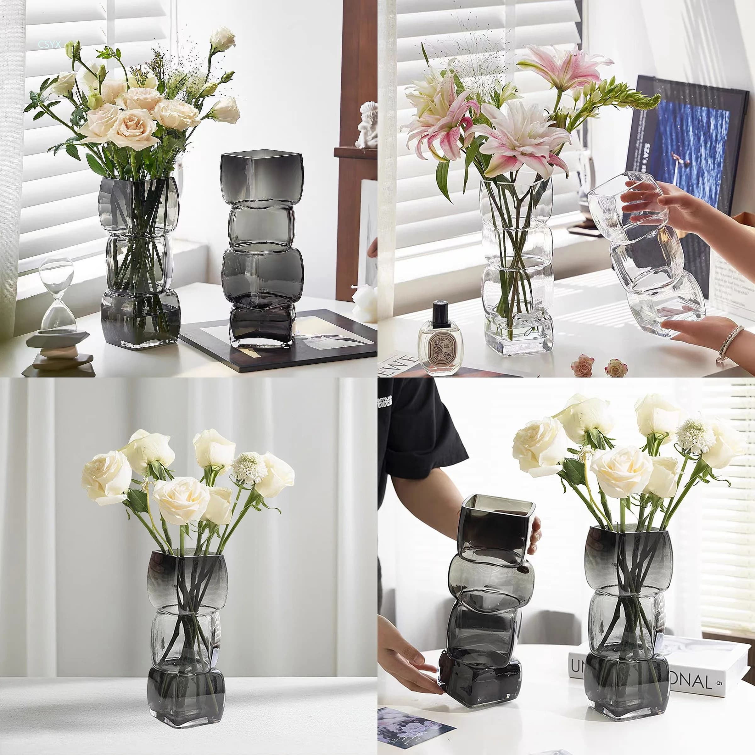 French Romantic Smoky Glass Vase Modular Crystal Clear Desktop Decoration Flower Vase Hydroponic