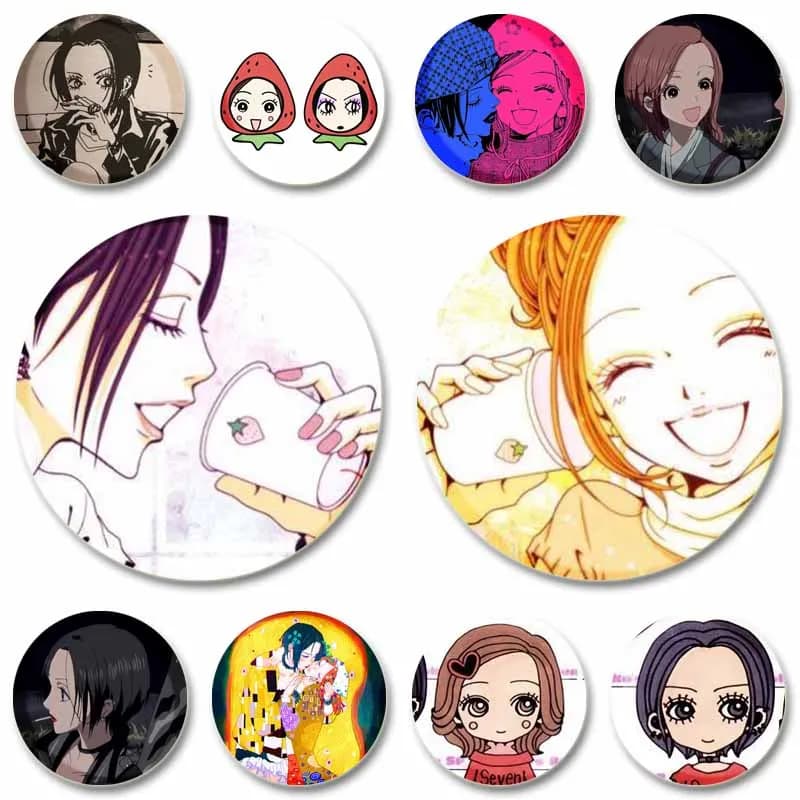 Anime Girls Oosaki Nana and Hachi Lapel Pins for Backpack Decor Tinplate Round Brooch Cartoon Badges Jewelry Accessories Gifts