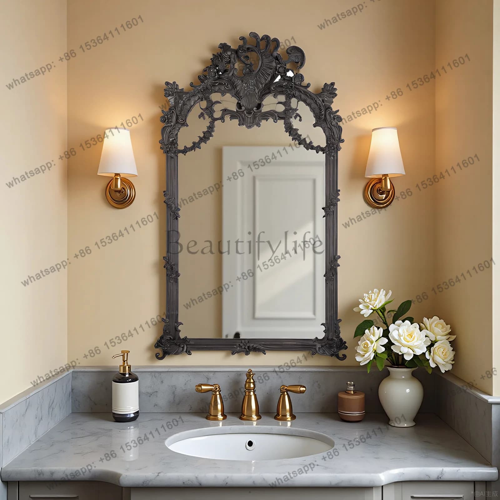 D33 black French engraved makeup mirror, bathroom sink, wall-mounted decorative mirror