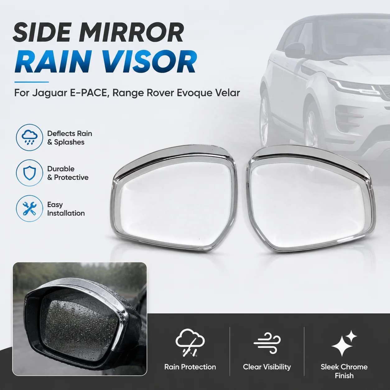 Chrome Side Mirror Rain Visor *2 for Jaguar E-PACE, Range Rover Evoque Velar