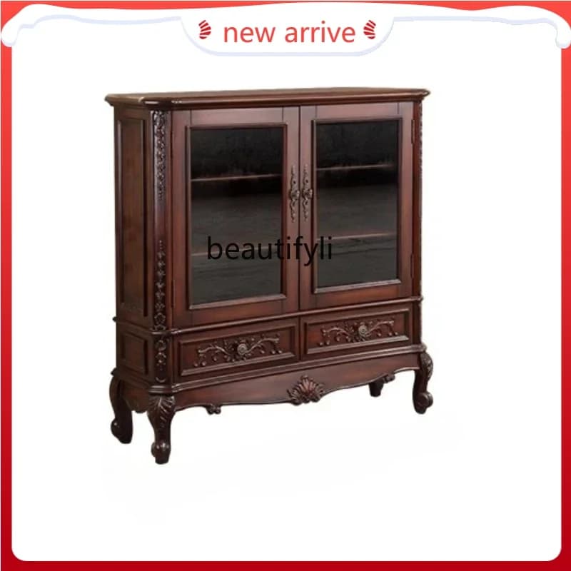 SS American medieval style bedroom study log wind bookcase glass display bookshelf storage cabinet