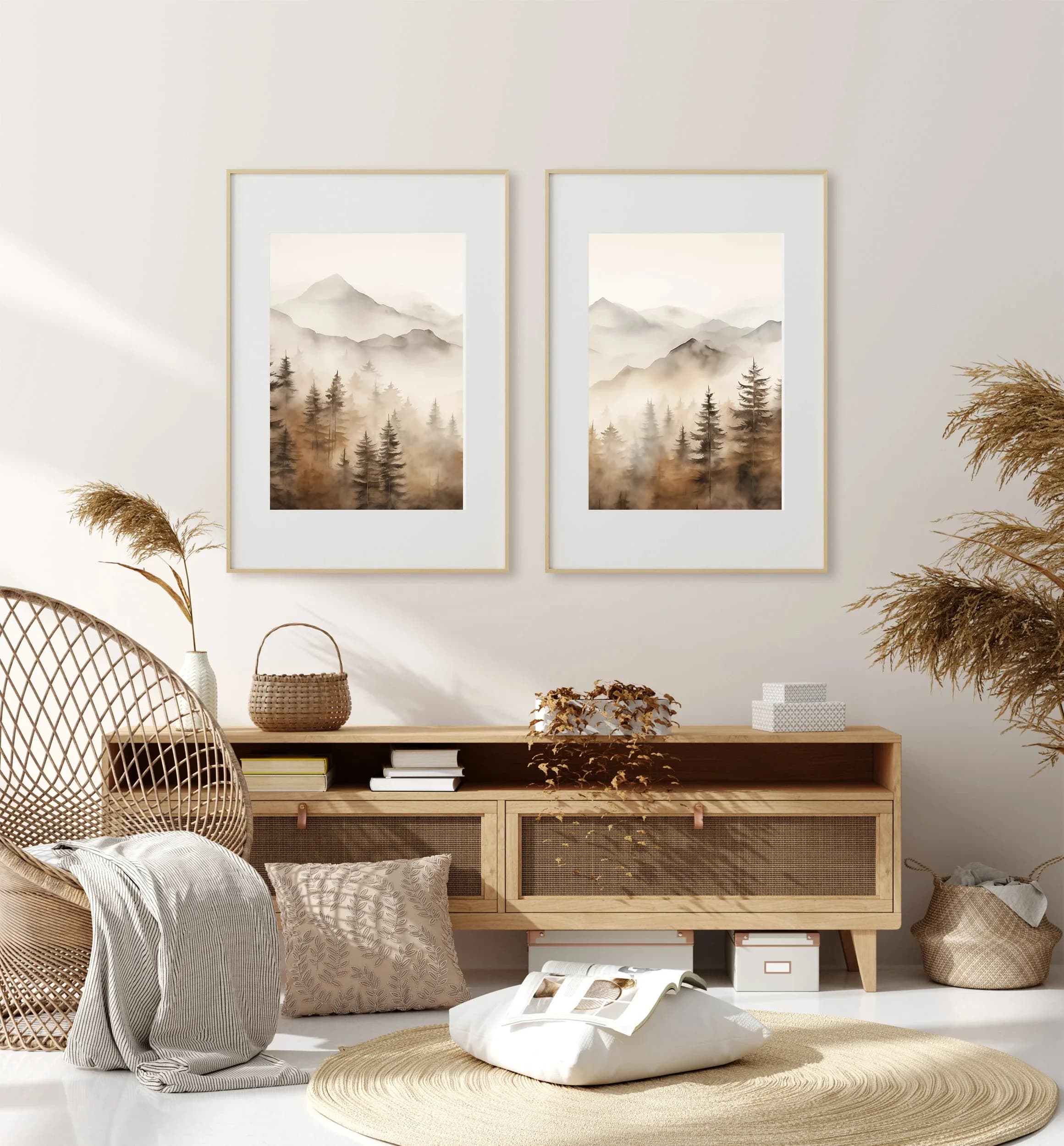 Neutral Mountain Landscape Set of 2 Prints, Abstract Modern Wall Decor, Watercolor Nature Forest 2 Pieces Wall Art Home Decor
