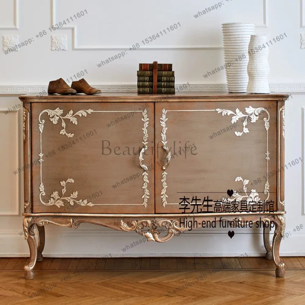 Italian style side cabinet European solid wood retro carved entrance cabinet