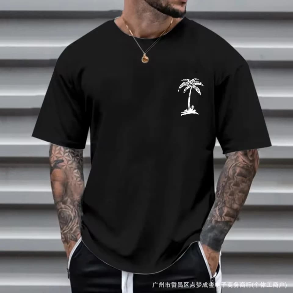 2026 Summer New Men's Fashion Round Neck A Coconut Tree Print Simple All-match Pullover Short Sleeve T-shirt S-5XL