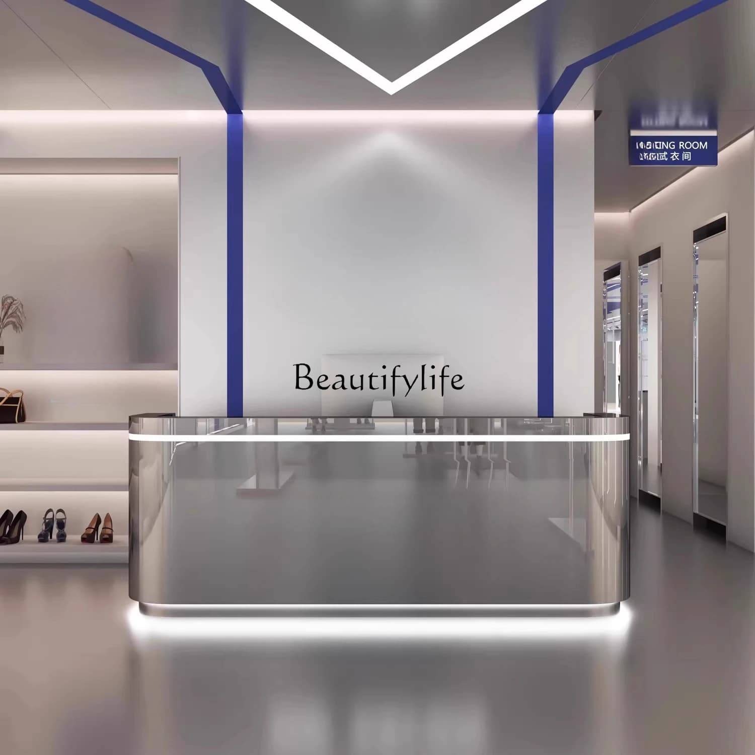 01Modern simple stainless steel checkout page Light luxury beauty salon Small reception counter