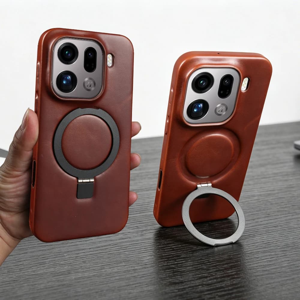 Magnetic Bracket Ring Genuine Leather Phone Case For OPPO Find X9 Pro X7 X8 Ultra X10 Pro Max Coque For Magsafe Case Back Cover
