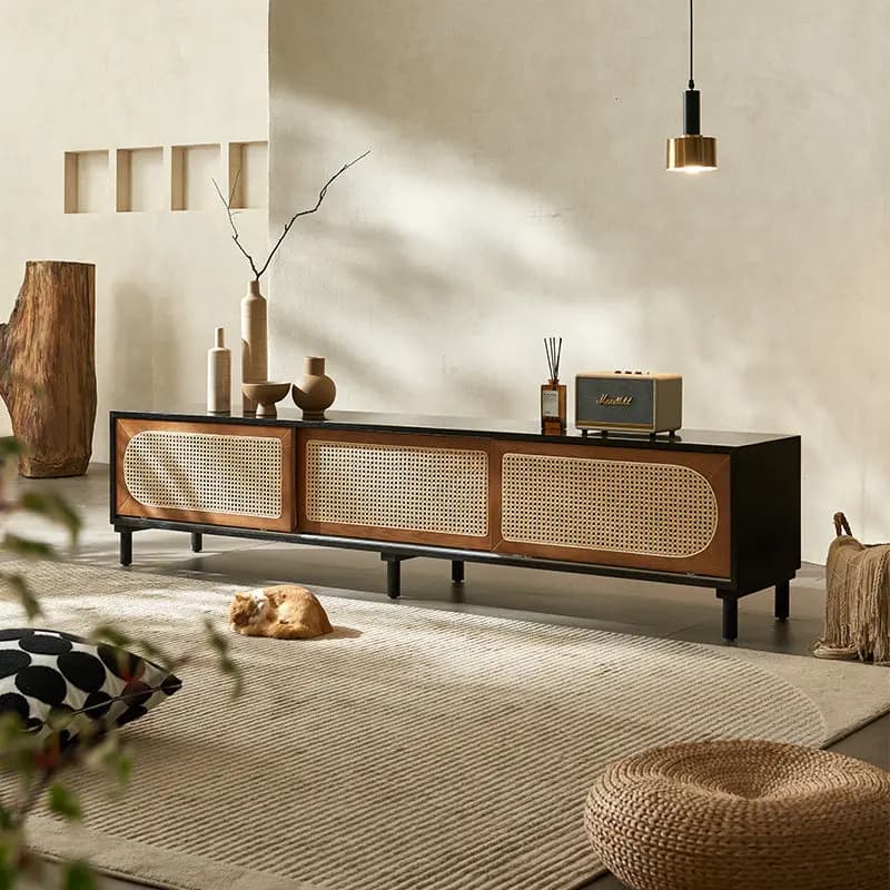H1 retro silent wind rattan solid wood TV cabinet small apartment living room medieval homestay hotel storage locker