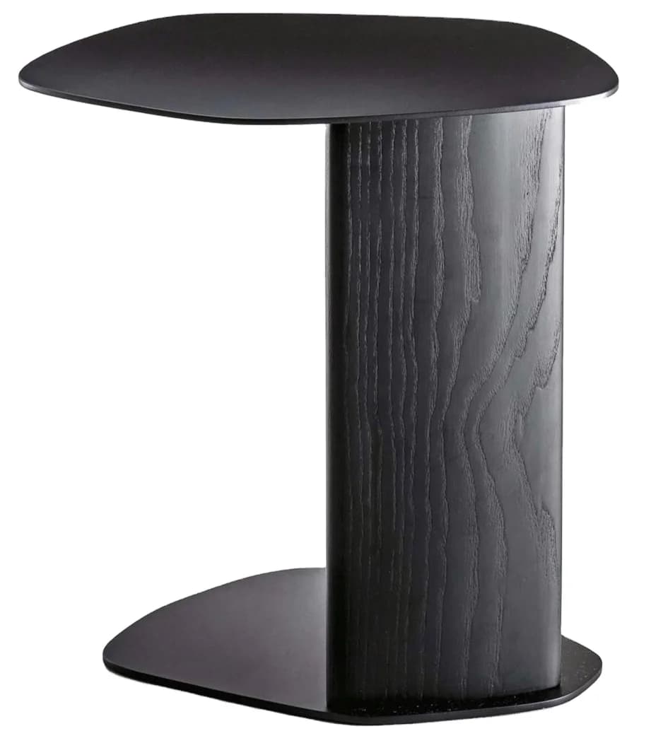 Side table with solid black grey wood legs. Black powder coated base and top. Solid black stained grey wood legs.