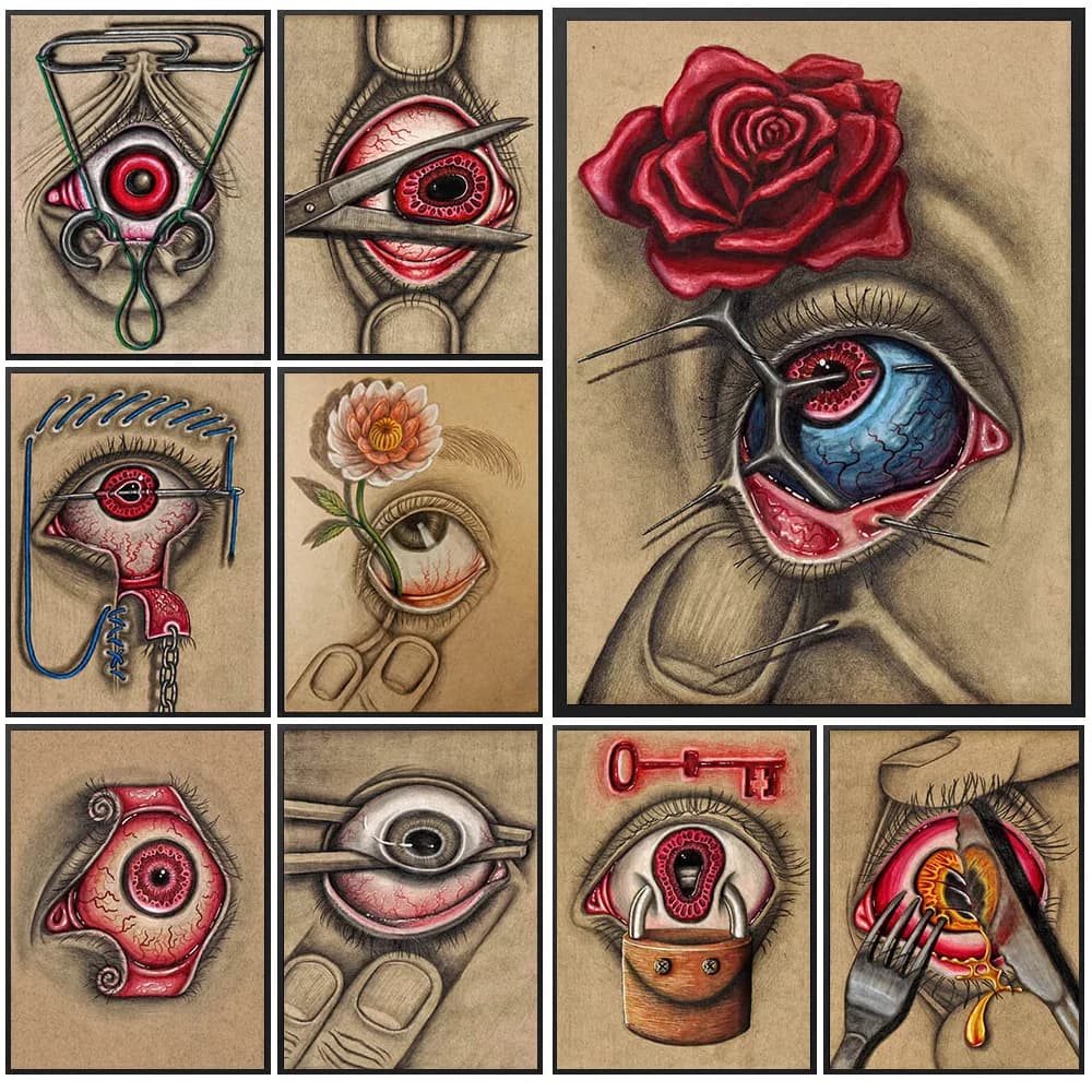 Gothic Weird Eye Art Prints,Surreal Eye & Body Horror Canvas Painting,Creepy Eye & Flower Wall Art,Horror Eye & Rose Poster