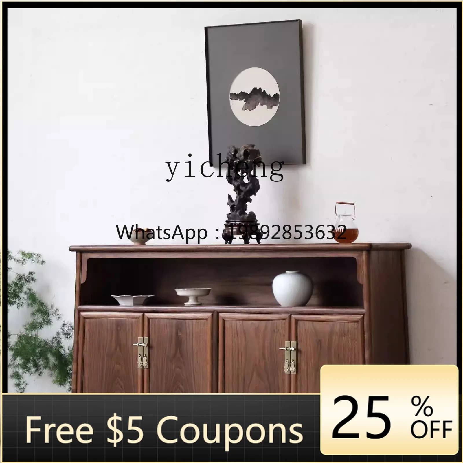 New Chinese Style Solid Wood Black Walnut Storage Cabinet for Living Room Entrance Hallway Entryway Cabinet