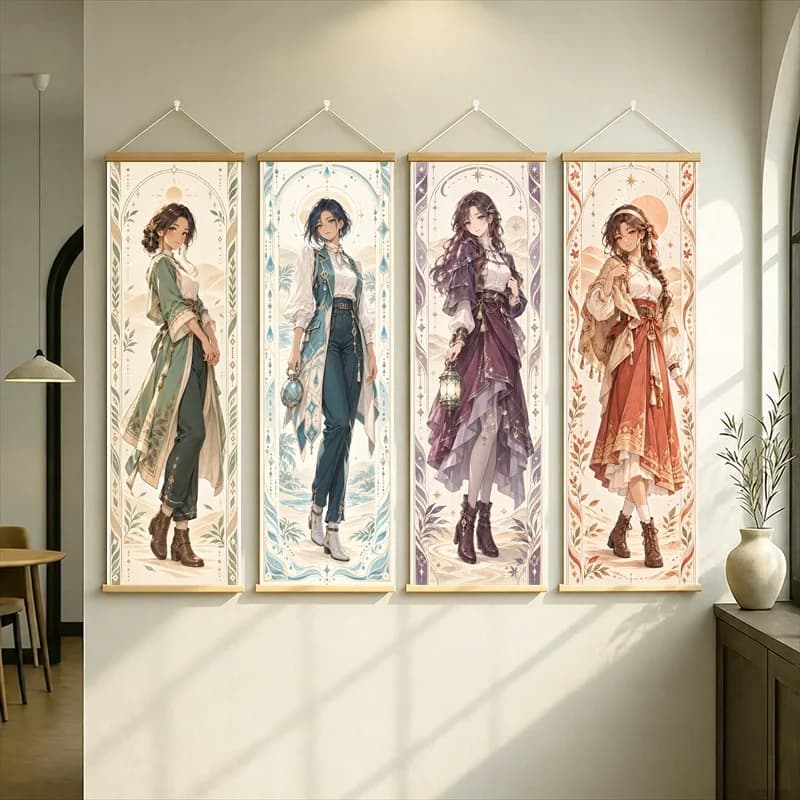 Anime Women in Olive, Teal, Purple and Rust Outfits Hanging Scroll with Vintage Inspired Floral Borders for a Reading Nook