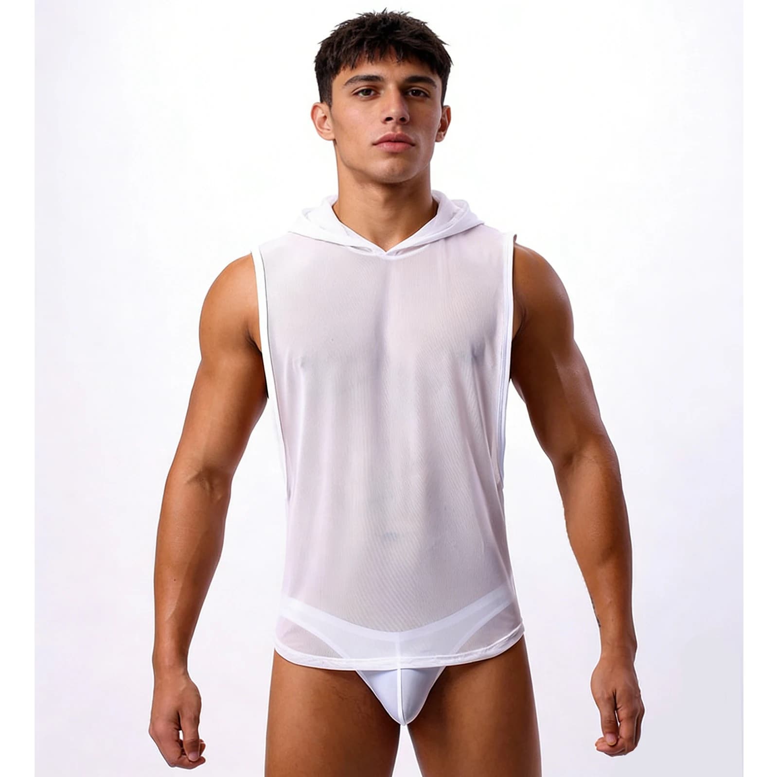 Men Hooded Mesh Workout Tank Sleeveless Sheer Vest Breathable Quick Dry Stretchy Lightweight for Gym Bodybuilding Training Sport