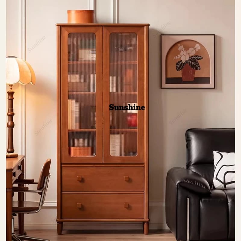 Solid wood bookcase, vintage style study display cabinet, household storage cabinet