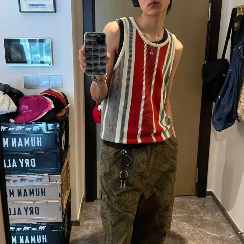 Mens Color Matching Striped Small Mesh Knitted Vest Daily Breathable Quick-Drying Sports Tank Top Men'S Clothing  Summer New