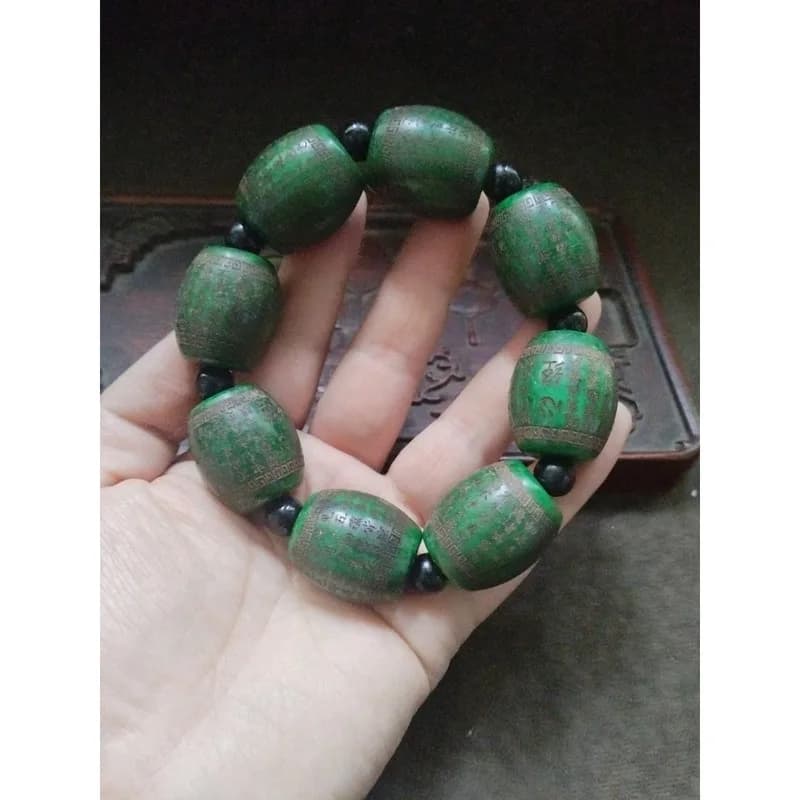 Rare Chinese Old Green Jade Hand Carved *Heart Meridian * Large Prayer Beads Bracelet