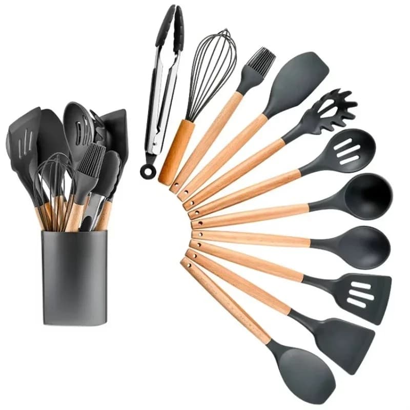 11 Non-Stick Household Accessories Baking Tools Cookware Cooking Set Silicone Kitchenware Wooden Handles