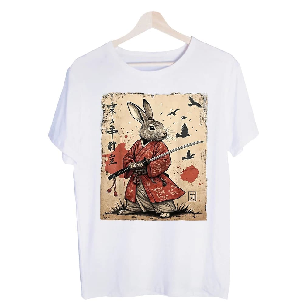 Men's Rabbit Warrior Graphic Tee, Short Sleeve Crew Neck T-Shirt with Vintage Asian Style for Casual Streetwear